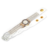 Women Bracelet Quartz Wrist Watch Round Shaped Rhinestone Decorated Fastener Stainless Steel Leather Band