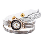 Women Bracelet Quartz Wrist Watch Round Shaped Rhinestone Decorated Fastener Stainless Steel Leather Band