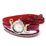 Women Bracelet Quartz Wrist Watch Round Shaped Rhinestone Decorated Fastener Stainless Steel Leather Band