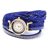 Women Bracelet Quartz Wrist Watch Round Shaped Rhinestone Decorated Fastener Stainless Steel Leather Band