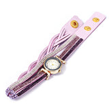 Women Bracelet Quartz Wrist Watch Round Shaped Rhinestone Decorated Fastener Stainless Steel Leather Band