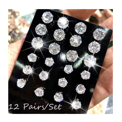 12 Pair/Pack AAA CZ Shiny Wedding Stud Earrings Set for Women Men Crystal Jewelry Accessories Earing Oorbellen Free Shipping