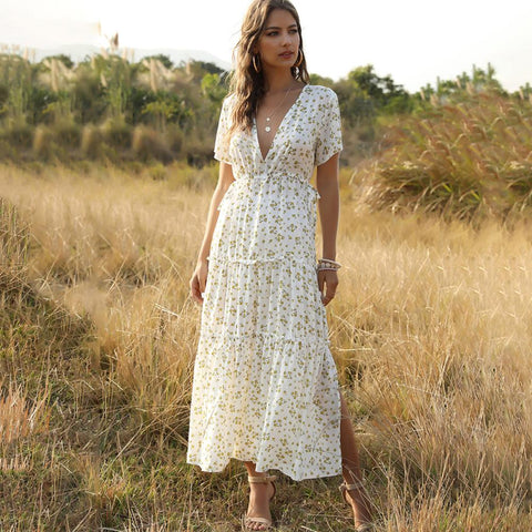 White Long Dress Women Elegant Floral Ruffle Sexy Deep V Neck Slit Dresses Summer Casual 2020 Blue Midi Clothes Ruched Trendyol