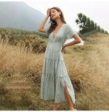 White Long Dress Women Elegant Floral Ruffle Sexy Deep V Neck Slit Dresses Summer Casual 2020 Blue Midi Clothes Ruched Trendyol