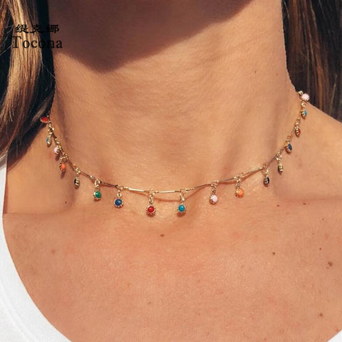 Tocona Bohemian Gold Necklace for Women Charming Colorful Stone Chain Chockers Handmade Party Jewelry Wholesale collares B31203
