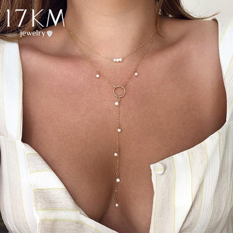 17KM Fashion Long Pearl Necklace For Women Boho Multilayered Pearl Pendant Necklace 2021 Trend Choker Sweater Chain Jewelry