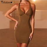Totatoop Lace Up V Neck Ruched Bodycon Mini Dress Women 2020 Summer Hollow Out Ruffles Sundress Beachwear Vestidos