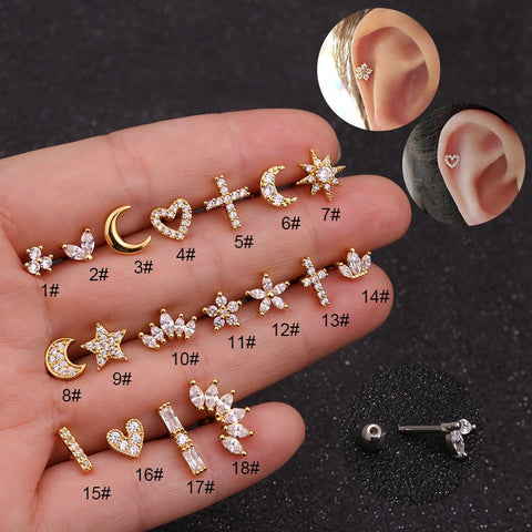 1Piece Stainless Steel Stud Earrings for Women 2021 Trendy Jewelry Moon Star Heart 1.2mm Piercing Earring for Teens Ear Cuffs