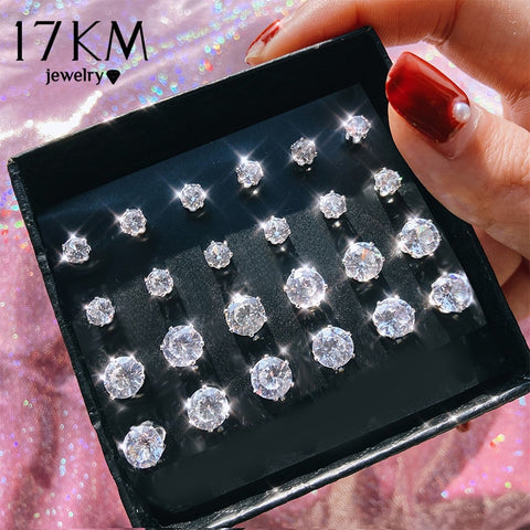 17KM Vintage Cubic Zirconia Round Stud Earrings Set For Women Silver Color Crystal Rhinestone Bow Earrings Brinco Jewelry