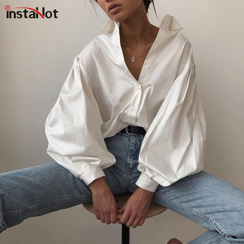InstaHot Lantern Sleeve Elegant Shirt Blouse White Black Sexy Button Vintage Turn Down Collar Office Ladies Shirt Female Casual