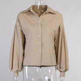 InstaHot Lantern Sleeve Elegant Shirt Blouse White Black Sexy Button Vintage Turn Down Collar Office Ladies Shirt Female Casual