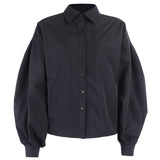 InstaHot Lantern Sleeve Elegant Shirt Blouse White Black Sexy Button Vintage Turn Down Collar Office Ladies Shirt Female Casual