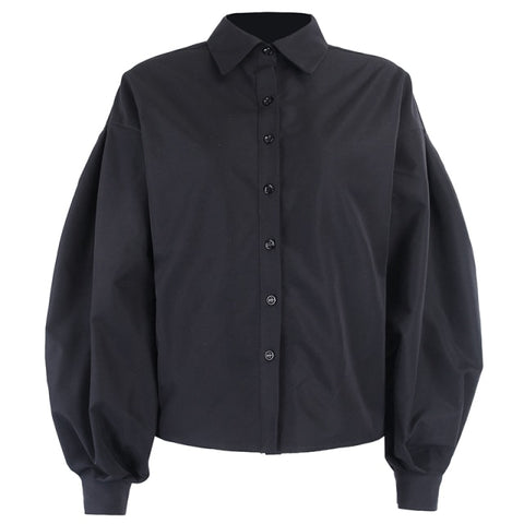 InstaHot Lantern Sleeve Elegant Shirt Blouse White Black Sexy Button Vintage Turn Down Collar Office Ladies Shirt Female Casual