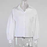 InstaHot Lantern Sleeve Elegant Shirt Blouse White Black Sexy Button Vintage Turn Down Collar Office Ladies Shirt Female Casual