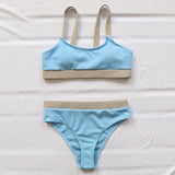 INGAGA High Waist Bikinis 2021 Swimsuits Bandeau Swimwear Women Splicing Biquini Beachwear Sports Ribbed Bathing Suits New