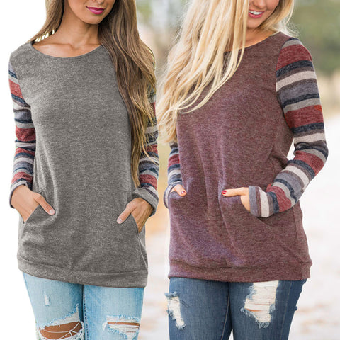 Women O-Neck Long Sleeve Sweatshirt Pullover Pocket Tops Blouse Shirt