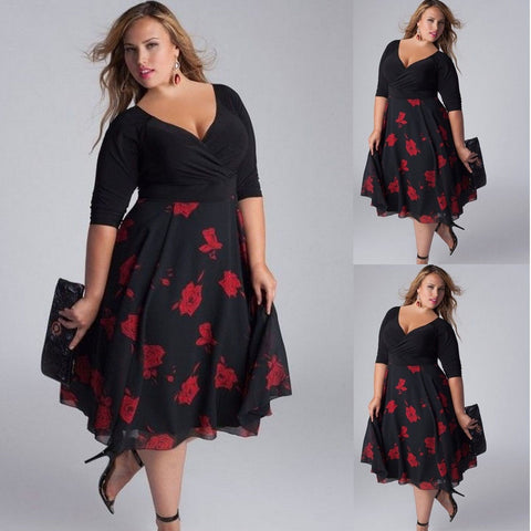 Women Plus Size Sexy V-Neck Floral Maxi Evening Party Boho Beach Dress