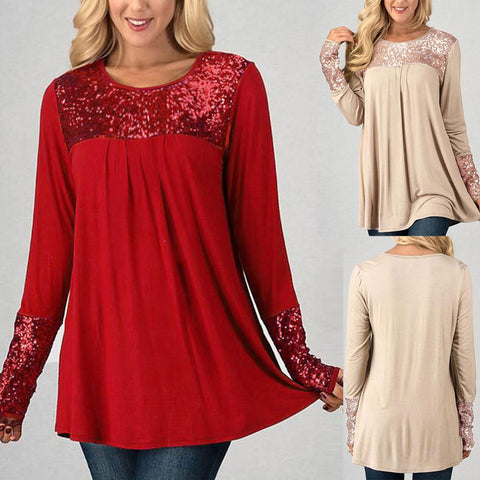 Fashion Sequins Womens Tops Long Sleeve O-Neck Casual Pullover Shirt Blouse