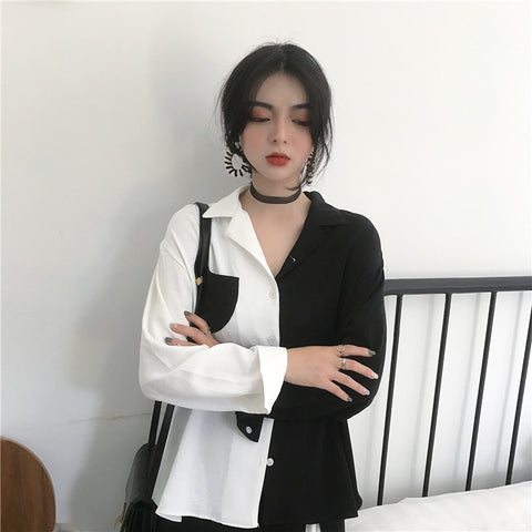 Korean Chic Style Black White Contrast Color Tops Female Harajuku Fashion Long Sleeve Vintage Shirts Collar OL Ladies Blouse