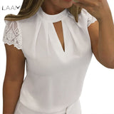 Laamei Women Sexy Blouses Summer Casual Hollow Chiffon Short Sleeve Splice Lace Tops Blouse Shirts Blusas Mujer Plus Size 3XL