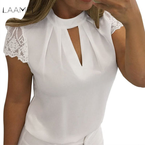 Laamei Women Sexy Blouses Summer Casual Hollow Chiffon Short Sleeve Splice Lace Tops Blouse Shirts Blusas Mujer Plus Size 3XL