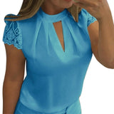 Laamei Women Sexy Blouses Summer Casual Hollow Chiffon Short Sleeve Splice Lace Tops Blouse Shirts Blusas Mujer Plus Size 3XL