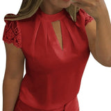 Laamei Women Sexy Blouses Summer Casual Hollow Chiffon Short Sleeve Splice Lace Tops Blouse Shirts Blusas Mujer Plus Size 3XL