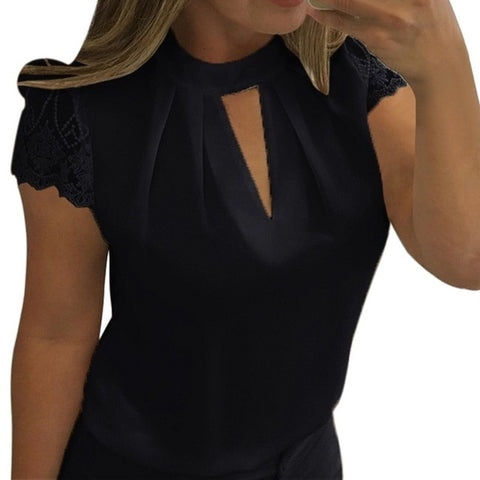 Laamei Women Sexy Blouses Summer Casual Hollow Chiffon Short Sleeve Splice Lace Tops Blouse Shirts Blusas Mujer Plus Size 3XL