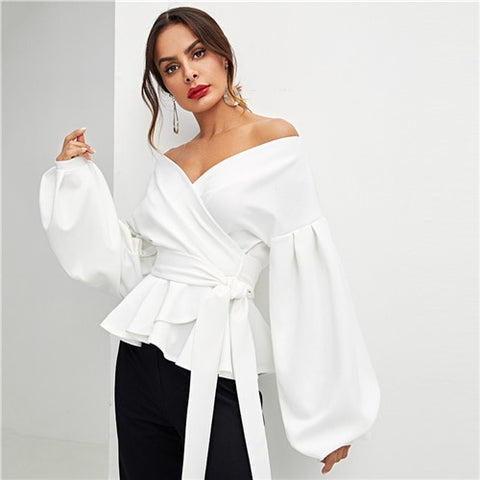 SHEIN White Office Lady Elegant Lantern Sleeve Surplice Peplum Off the Shoulder Solid Blouse Autumn Sexy Women Tops And Blouses