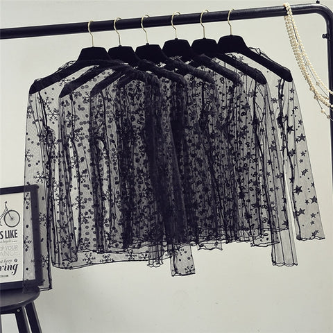 spring Summer Women Lace Blouses Shirt Women tops Sexy mesh Blouses See-through Long Sleeve Black Dot Star Striped Shirt Blouse