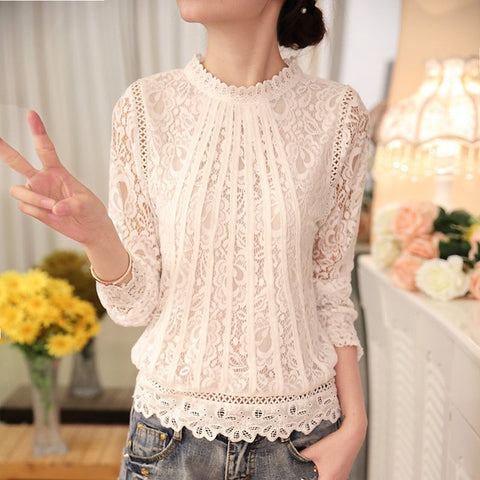 2018 New autumn Ladies White Blusas Women's Long Sleeve Chiffon Lace Crochet Tops Blouses Women Clothing Feminine Blouse 51C