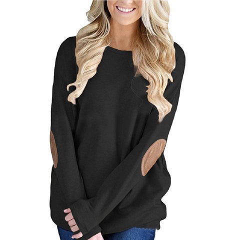 Women Loose Long Sleeve Solid Patchwork Bottom T-Shirt Blouse Tops