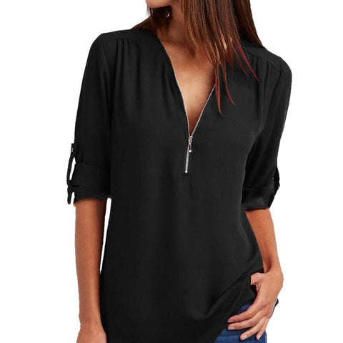 LASPERAL Zipper Short Sleeve Women Shirts Sexy V Neck Solid Womens Tops Blouses Casual Tee Shirts Tops Female Clothes Plus Size