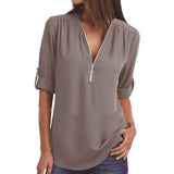 LASPERAL Zipper Short Sleeve Women Shirts Sexy V Neck Solid Womens Tops Blouses Casual Tee Shirts Tops Female Clothes Plus Size