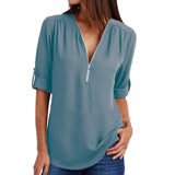 LASPERAL Zipper Short Sleeve Women Shirts Sexy V Neck Solid Womens Tops Blouses Casual Tee Shirts Tops Female Clothes Plus Size