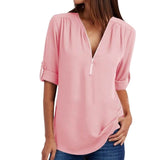 LASPERAL Zipper Short Sleeve Women Shirts Sexy V Neck Solid Womens Tops Blouses Casual Tee Shirts Tops Female Clothes Plus Size