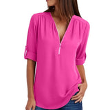 LASPERAL Zipper Short Sleeve Women Shirts Sexy V Neck Solid Womens Tops Blouses Casual Tee Shirts Tops Female Clothes Plus Size