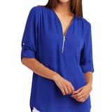 LASPERAL Zipper Short Sleeve Women Shirts Sexy V Neck Solid Womens Tops Blouses Casual Tee Shirts Tops Female Clothes Plus Size