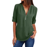 LASPERAL Zipper Short Sleeve Women Shirts Sexy V Neck Solid Womens Tops Blouses Casual Tee Shirts Tops Female Clothes Plus Size