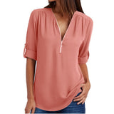 LASPERAL Zipper Short Sleeve Women Shirts Sexy V Neck Solid Womens Tops Blouses Casual Tee Shirts Tops Female Clothes Plus Size