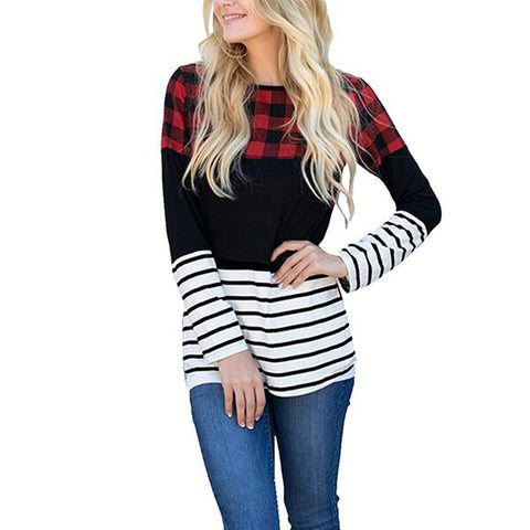 Women O Neck Striped Plaid Tops Lattice Long Sleeve Tops Blouse T-Shirt
