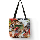Oil Painting Cat Print Women Tote Bags Linen Reusable Shopping Bag Shoulder Bags for Women 2018 	 sac a main ladies handbags