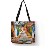 Oil Painting Cat Print Women Tote Bags Linen Reusable Shopping Bag Shoulder Bags for Women 2018 	 sac a main ladies handbags