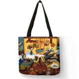 Oil Painting Cat Print Women Tote Bags Linen Reusable Shopping Bag Shoulder Bags for Women 2018 	 sac a main ladies handbags