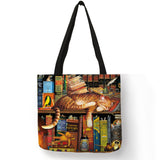 Oil Painting Cat Print Women Tote Bags Linen Reusable Shopping Bag Shoulder Bags for Women 2018 	 sac a main ladies handbags