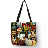 Oil Painting Cat Print Women Tote Bags Linen Reusable Shopping Bag Shoulder Bags for Women 2018 	 sac a main ladies handbags