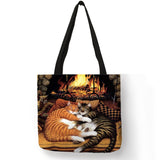 Oil Painting Cat Print Women Tote Bags Linen Reusable Shopping Bag Shoulder Bags for Women 2018 	 sac a main ladies handbags
