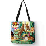 Oil Painting Cat Print Women Tote Bags Linen Reusable Shopping Bag Shoulder Bags for Women 2018 	 sac a main ladies handbags