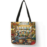Oil Painting Cat Print Women Tote Bags Linen Reusable Shopping Bag Shoulder Bags for Women 2018 	 sac a main ladies handbags