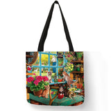 Oil Painting Cat Print Women Tote Bags Linen Reusable Shopping Bag Shoulder Bags for Women 2018 	 sac a main ladies handbags
